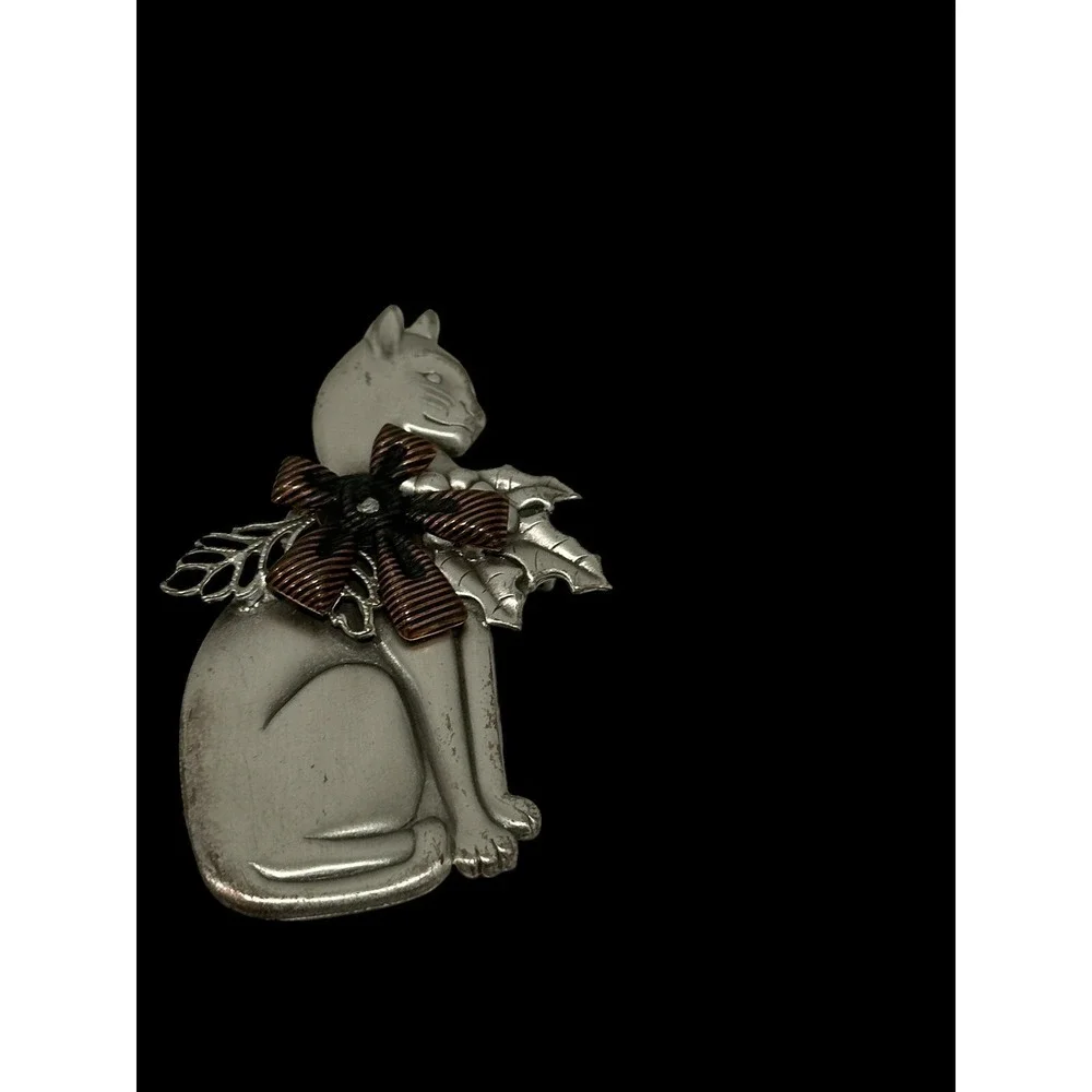 Vintage  Feline Brooch Pin Silver & Copper Tone  Christmas Holly